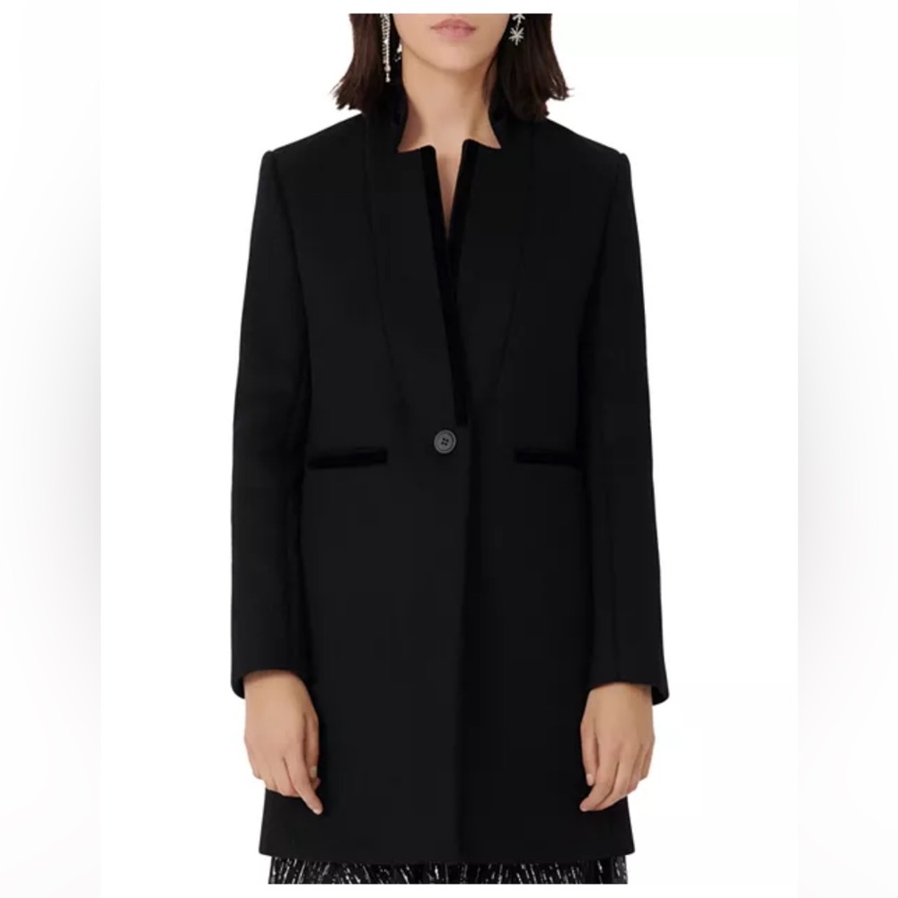 NWT Maje Wool-Blend Velvet Trim Coat